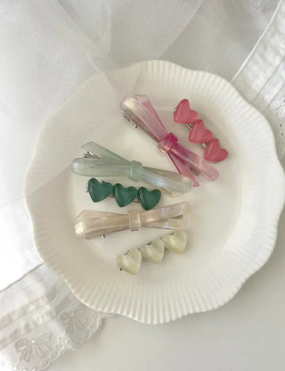 Set of 2 Marble Cellulose Ribbon Pin Heart Hairpin