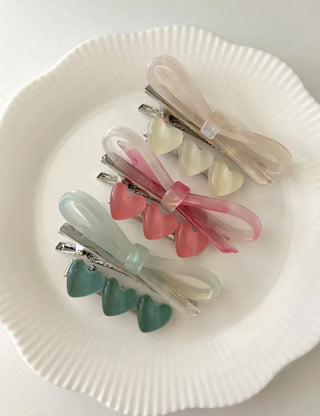 Set of 2 Marble Cellulose Ribbon Pin Heart Hairpin