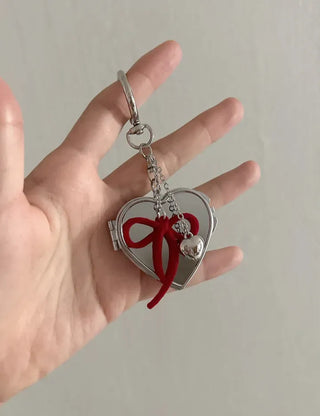 Velvet ribbon heart mirror keyring keychain bag charm
