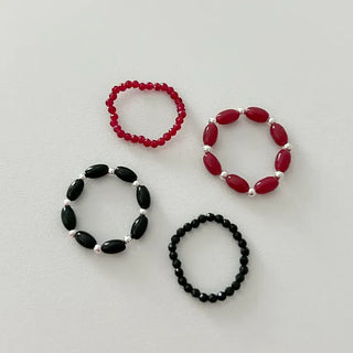 Set Silver Ball Color Bead Ring Women's Layering Ring