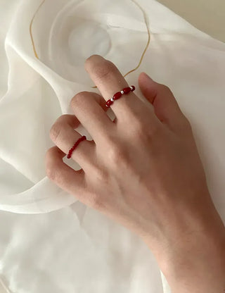 Set Silver Ball Color Bead Ring Women's Layering Ring