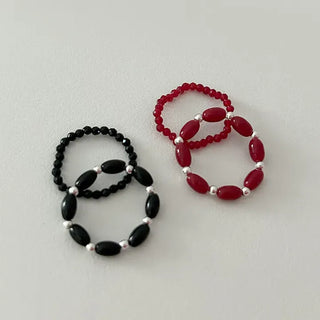 Set Silver Ball Color Bead Ring Women's Layering Ring