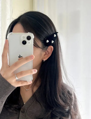 Pearl velvet holiday look ribbon heart snap side hair clip