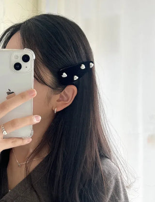 Pearl velvet holiday look ribbon heart snap side hair clip