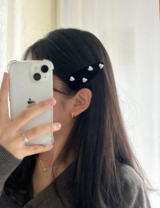 Pearl velvet holiday look ribbon heart snap side hair clip