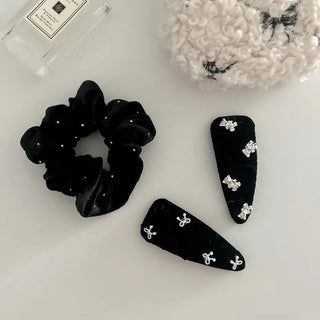 Pearl velvet holiday look ribbon heart snap side hair clip