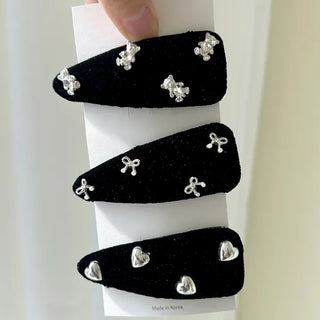 Pearl velvet holiday look ribbon heart snap side hair clip