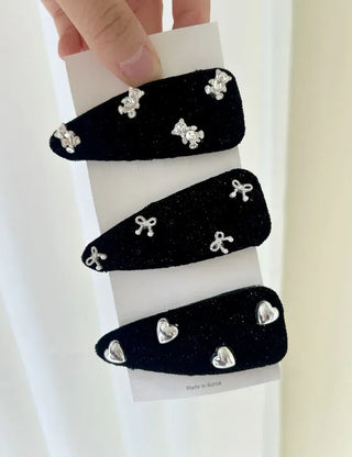 Pearl velvet holiday look ribbon heart snap side hair clip