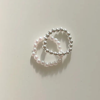 Set of 2 Beaded Rings: Pearl and Silver Ball Daily Layering
