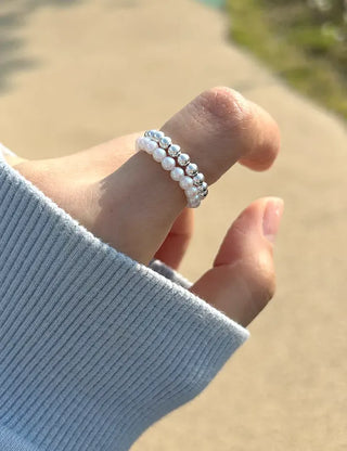 Set of 2 Beaded Rings: Pearl and Silver Ball Daily Layering