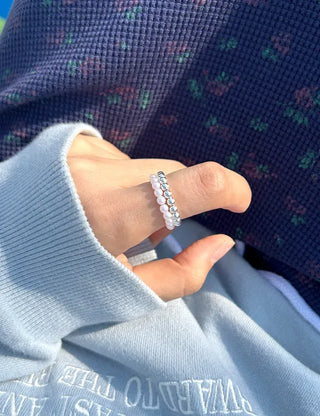 Set of 2 Beaded Rings: Pearl and Silver Ball Daily Layering