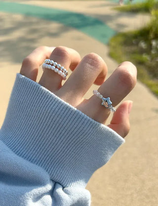 Set of 2 Beaded Rings: Pearl and Silver Ball Daily Layering