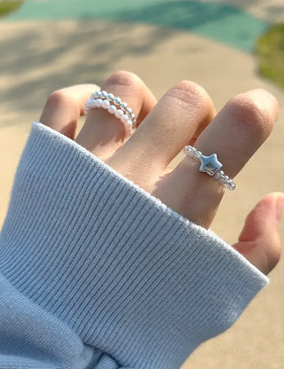Set of 2 Beaded Rings: Pearl and Silver Ball Daily Layering
