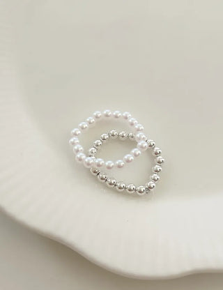 Set of 2 Beaded Rings: Pearl and Silver Ball Daily Layering