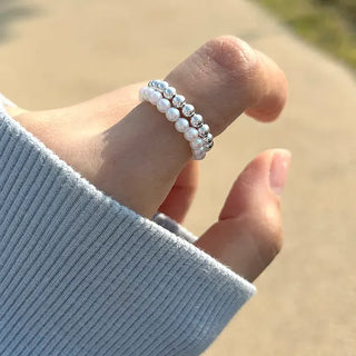 Set of 2 Beaded Rings: Pearl and Silver Ball Daily Layering