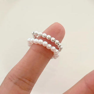 Set of 2 Beaded Rings: Pearl and Silver Ball Daily Layering
