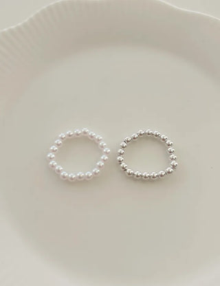 Set of 2 Beaded Rings: Pearl and Silver Ball Daily Layering