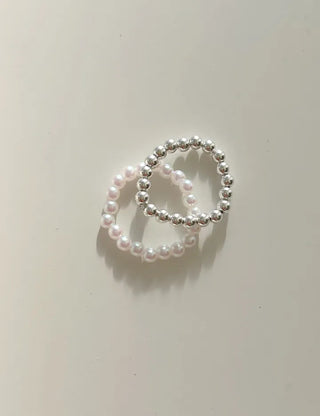 Set of 2 Beaded Rings: Pearl and Silver Ball Daily Layering