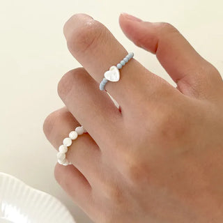 Mother-of-pearl heart bead ring pastel beads women's fashion ring