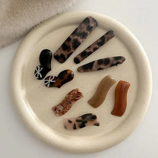 Leather Piece Leopard Print Side Hair Snap Clip