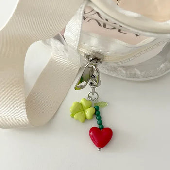 Vivid Heart Keyring Four-Leaf Clover Bead Keyholder Keychain Phone Strap