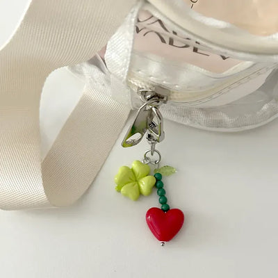 Vivid Heart Keyring Four-Leaf Clover Bead Keyholder Keychain Phone Strap