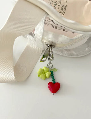 Vivid Heart Keyring Four-Leaf Clover Bead Keyholder Keychain Phone Strap