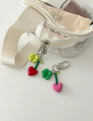 Vivid Heart Keyring Four-Leaf Clover Bead Keyholder Keychain Phone Strap