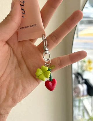 Vivid Heart Keyring Four-Leaf Clover Bead Keyholder Keychain Phone Strap
