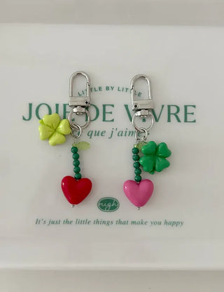 Vivid Heart Keyring Four-Leaf Clover Bead Keyholder Keychain Phone Strap