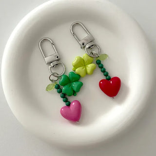 Vivid Heart Keyring Four-Leaf Clover Bead Keyholder Keychain Phone Strap