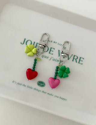 Vivid Heart Keyring Four-Leaf Clover Bead Keyholder Keychain Phone Strap