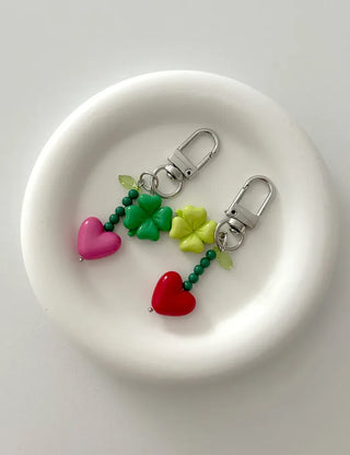 Vivid Heart Keyring Four-Leaf Clover Bead Keyholder Keychain Phone Strap