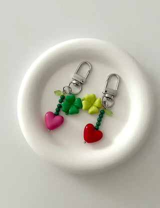 Vivid Heart Keyring Four-Leaf Clover Bead Keyholder Keychain Phone Strap
