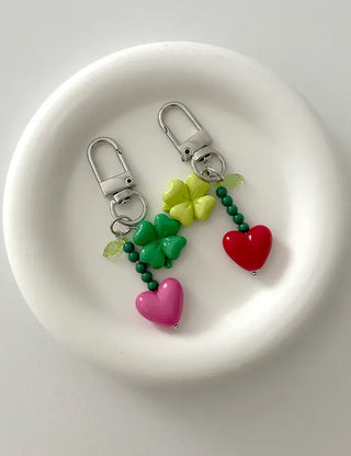 Vivid Heart Keyring Four-Leaf Clover Bead Keyholder Keychain Phone Strap