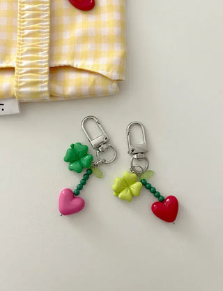 Vivid Heart Keyring Four-Leaf Clover Bead Keyholder Keychain Phone Strap