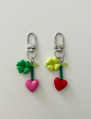 Vivid Heart Keyring Four-Leaf Clover Bead Keyholder Keychain Phone Strap
