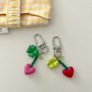 Vivid Heart Keyring Four-Leaf Clover Bead Keyholder Keychain Phone Strap