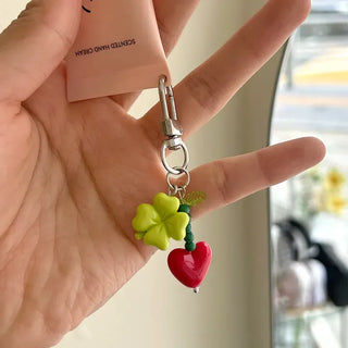 Vivid Heart Keyring Four-Leaf Clover Bead Keyholder Keychain Phone Strap