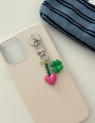 Vivid Heart Keyring Four-Leaf Clover Bead Keyholder Keychain Phone Strap