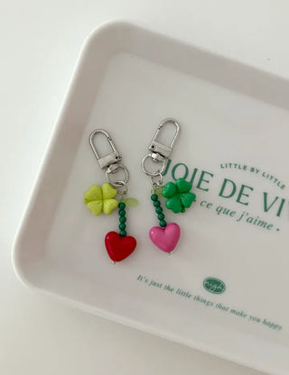 Vivid Heart Keyring Four-Leaf Clover Bead Keyholder Keychain Phone Strap