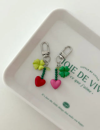 Vivid Heart Keyring Four-Leaf Clover Bead Keyholder Keychain Phone Strap