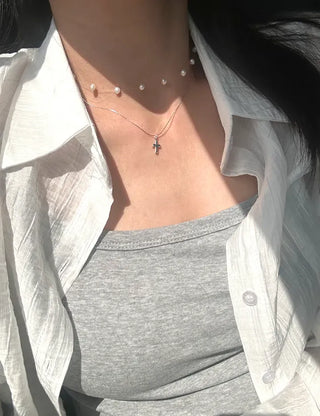 925 Silver Transparent Freshwater Pearl Necklace Women's Resort Look