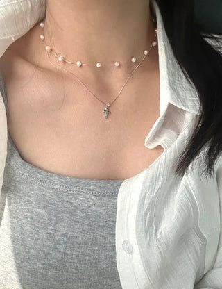 925 Silver Transparent Freshwater Pearl Necklace Women's Resort Look