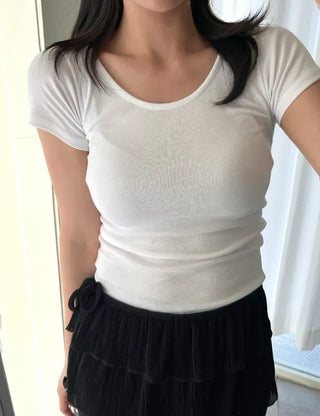 Stretchy U-neck Cotton T-shirt Women's Summer Basic Short Sleeve Tee