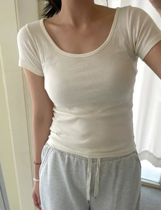 Stretchy U-neck Cotton T-shirt Women's Summer Basic Short Sleeve Tee