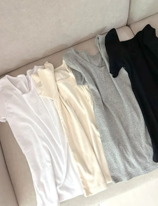 Stretchy U-neck Cotton T-shirt Women's Summer Basic Short Sleeve Tee