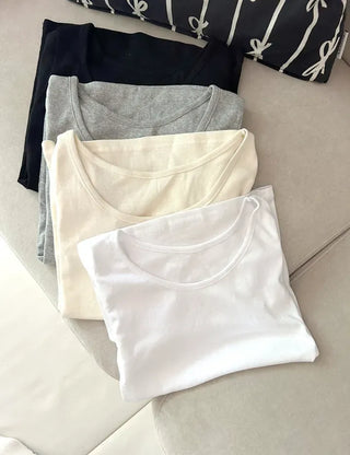 Stretchy U-neck Cotton T-shirt Women's Summer Basic Short Sleeve Tee
