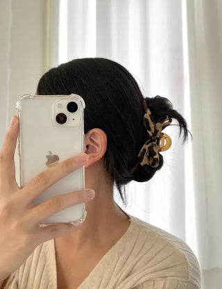 Type 2 Leopard Print Ribbon Side Hair Clip Updo Claw Clip