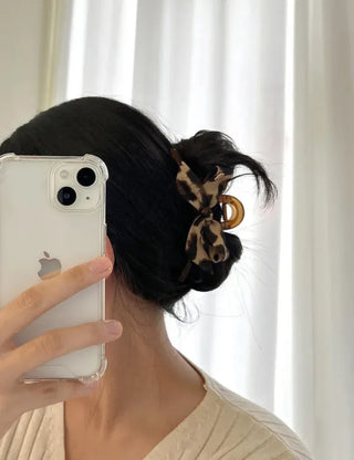Type 2 Leopard Print Ribbon Side Hair Clip Updo Claw Clip